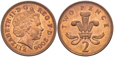 Великобритания 2 пенса 2006 Елизавета II (1952-2022) KM 987, Spink 4690 (C5) сталь плакированная медью 177-752