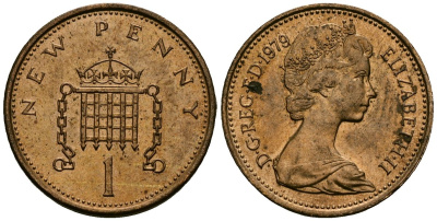 Великобритания 1 пенни 1979 Елизавета II (1952-2022) KM 915, Spink 4237 (B1) бронза 4609-1022