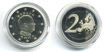 Монако 2 евро 2010 Князь Альберт II, коробочка, сертификат KM 195 биметалл PROOF 00-00