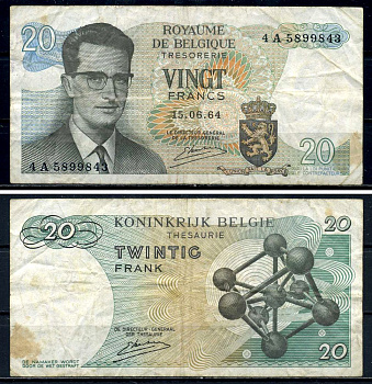 Бельгия 20 франков 1964 Бодуэн I, атомиум, Kestens Pick 138 (3) бумага 6299-26-3-2