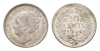 Нидерланды 10 центов 1944 Вильгельмина (1890-1948) KM 163 серебро aUNC 4669-1212