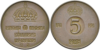 Швеция 5 эре 1955 TS, Густав VI Адольф (1950-1973) KM 822 бронза 4557-744