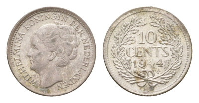 Нидерланды 10 центов 1944 Вильгельмина (1890-1948) KM 163 серебро aUNC 4669-1212
