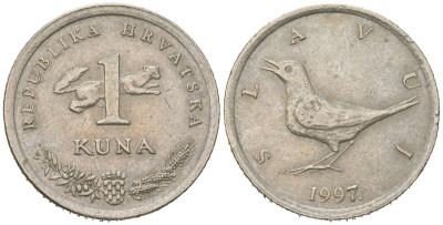 Хорватия 1 куна 1997 западный соловей, легенда на хорватском KM 9.1 медь цинк никель 4448-532