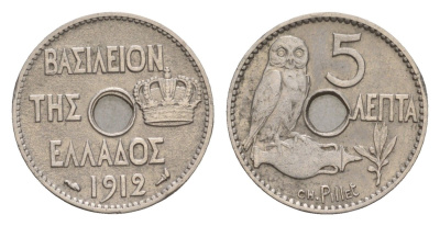 Греция 5 лепт 1912 Георг I (1863-1913), сова KM 62 никель 4655-319