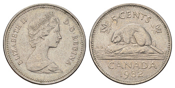 Канада 5 центов 1982 Елизавета II (1952-2022), бобр KM 60.2a медно-никель 4689-422
