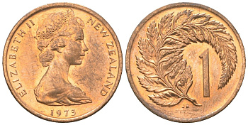 Новая Зеландия 1 цент 1973 Елизавета II (1952-2022), лист папоротника KM 31 бронза UNC 4611-425
