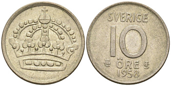 Швеция 10 эре 1958 Густав VI Адольф (1950-1973) KM 823 серебро 4585-339