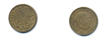 ИСПАНИЯ 1 ПЕСЕТА 1963 (66) ФРАНСИСКО ФРАНКО ДИКТАТОР ИСПАНИИ (1939-1975) KM 775 алюминиевая бронза 54-412