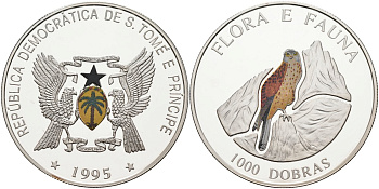 Сан-Томе и Принсипи 1000 добра 1995 серия флора и фауна, птичка, цветная эмаль, тираж 15000 экз. KM 76 серебро PROOF 1098-1-12