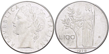 ИТАЛИЯ 100 ЛИР 1978 R, АФИНА, ДИАМЕТР 28 ММ. KM 96.1 нержавеющая сталь 4389-541