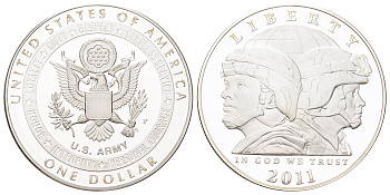 США 1 доллар 2011 P, Армия США, в оригинальной упаковке, с сертификатом KM 507 серебро PROOF 8-2-05-02