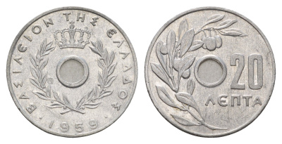 Греция 20 лепт 1959 Павел I (1947-1964), оливковая ветвь KM 79 алюминий 4670-111