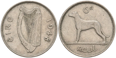 Ирландия 6 пенсов 1948 ирландский волкодав KM 13a медно-никель 4146-437