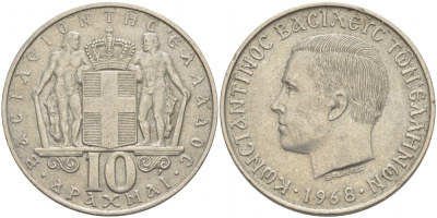 Греция 10 драхм 1968 Константин II (1964-1973) KM 96 медно-никель 4403-1135