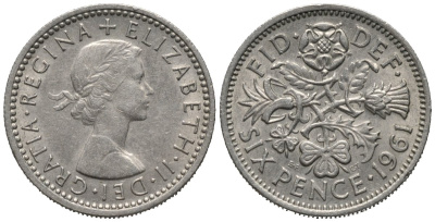 Великобритания 6 пенсов 1961 Елизавета II (1952-2022) KM 903, Spink 4149 медно-никель 192-614