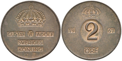 Швеция 2 эре 1967 U, Густав VI Адольф (1950-1973) KM 821 бронза 4364-1147