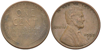 США 1 ЦЕНТ 1957 D, ЛИНКОЛЬН KM А132 медь цинк 3309-1215
