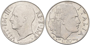 ИТАЛИЯ 20 ЧЕНТЕЗИМО 1941 R, ГОД XIX, ВИКТОР ЭММАНУИЛ III (1900-1946) KM 75b, VEM3. 1028 нержавеющая сталь 3853-1126
