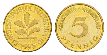 Германия 5 пфеннигов 1995 A KM 107, J. 382 сталь плакированная латунью UNC 4630-1254