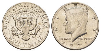 США 1/2 доллара (50 центов) 1971 Джон Кеннеди KM 202b медь плакированная медно-никелем aUNC 4131-1126