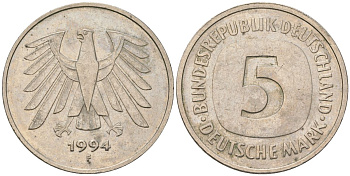 ФРГ 5 марок 1994 F KM 140.1 медно-никель 4557-532
