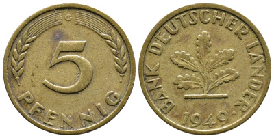 ФРГ 5 ПФЕННИГОВ 1949 G KM 102, J. 377 сталь плакированная латунью 26-1054