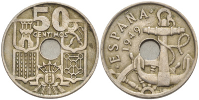 ИСПАНИЯ 50 СЕНТИМО 1949 (53) ФРАНСИСКО ФРАНКО ДИКТАТОР ИСПАНИИ ( 1939- 1975) , МОРСКАЯ АТРИБУТИКА KM 777 медно-никель 216-522