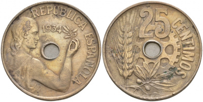 ИСПАНИЯ 25 СЕНТИМО 1934 KM 751 медно-никель 186-142