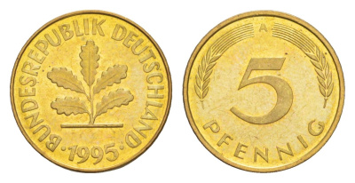 Германия 5 пфеннигов 1995 A KM 107, J. 382 сталь плакированная латунью UNC 4630-1254