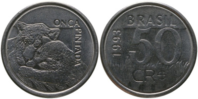 Бразилия 50 крузейро 1993 KM 629, Schon 138 нержавеющая сталь 4523-214