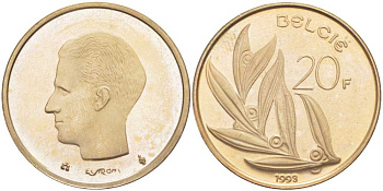 БЕЛЬГИЯ 20 ФРАНКОВ 1993 BELGIE, БОДУЭН I (1951-1993) KM 160 никель бронза 4389-631
