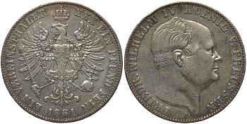 Пруссия 1 талер 1861 A, Фридрих Вильгельм IV (1840-1861) Jaeger 84, Thun 262, AKS 78, Kahnt 379 серебро 00-000-00