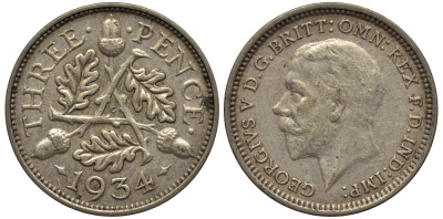 Великобритания 3 пенса 1934 Георг V (1910-1936) KM 831, Spink 4042 серебро 4528-545