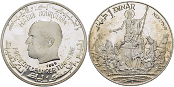 Тунис 1 динар 1969 Хабиб Бургиба, Нептун KM 298 серебро PROOF 11-182-22