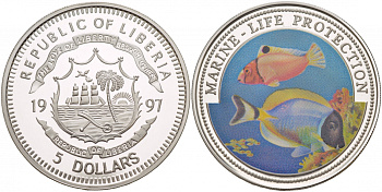 ЛИБЕРИЯ 5 ДОЛЛАРОВ 1997 КОРАЛОВЫЕ РЫБКИ, ЦВЕТНАЯ ЭМАЛЬ КМ 570 серебро PROOF 00-00