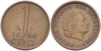 Нидерланды 1 цент 1964 Юлиана (1949-1980) KM 180 бронза 3955-126