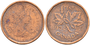 Канада 1 цент 1982 Елизавета II (1952-2022), кленовый лист KM 132 бронза 188-762