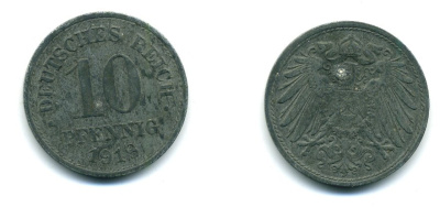 ГЕРМАНИЯ 10 ПФЕННИГОВ 1918 KM 26, J. 299 цинк 54-467