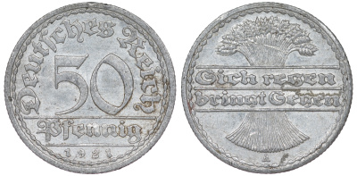 Германия 50 пфеннигов 1921 A KM 27, J. 301 алюминий 4114-542