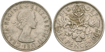 Великобритания 6 пенсов 1965 Елизавета II (1952-2022) KM 903, Spink 4149 медно-никель 4364-3655