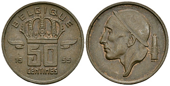 Бельгия 50 сантимов 1955 BELGIQUE KM 144 бронза 4164-1043