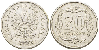 Польша 20 грошей 1992 MW KM 280 медно-никель 3309-715