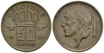 Бельгия 50 сантимов 1955 BELGIQUE KM 144 бронза 4164-1043