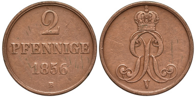 Брауншвейг-Каленберг-Ганновер 2 пфеннига 1856 B, Георг V (1851-1866) KM 217,  AKS 152, J. 84 медь 413-5324