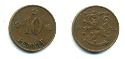 Финляндия 10 пенни 1922 республика (1918-1962) KM 24 медь 46-525