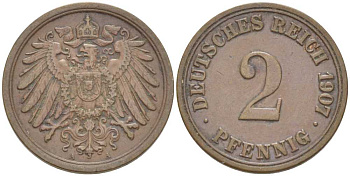 ГЕРМАНИЯ 2 ПФЕННИГА 1907 A KM 16, J. 11, Weege 4 медь 211-519