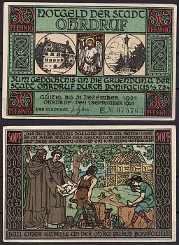 Германия, Ордруф 50 пфеннигов 1921 Нотгельд DeNG 2 1012.4-5/6 бумага 7555-60-3-1