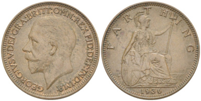 Великобритания 1 фартинг 1936 Георг V (1910-1936) KM 825, Spink 4061 бронза 4543-1057