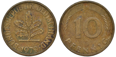 ФРГ 10 пфеннигов 1979 F KM 108, J. 383 сталь плакированная латунью 62-533